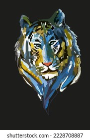 Tiger head symbol on a black background for posters or prints on T-shirts. Grunge predator for textiles, fashion trends, covers, fabric products, sport emblems, wallpaper, etc. White tiger head
