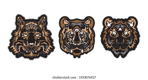 Tiger head tattoo set. Exclusive Maori brand identity. Vector illustration of a roaring animal head