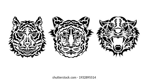Tiger Head Tattoo Set. Vector Illustration: Heads Of Roaring Animals