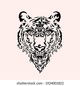 Tiger head tattoo with traditional Thai art by digital painting, Vector illustration and flat design.