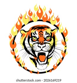Tiger Head through Flaming Hoop. Predator jump through ring of fire. Circus. Sketch. Vector illustration.