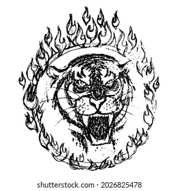 Tiger Head through Flaming Hoop. Predator jump through ring of fire. Circus. White and black sketch. Vector illustration.