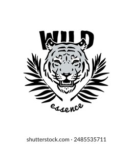 Tiger head with tropical jungle leaves decoration illustration template. It can be used for badges, banners, or pillow merchandise. 