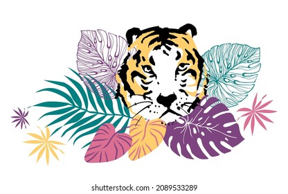 Tiger head in tropical leaves in jungle. Sketch vector illustration