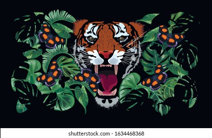 Tiger head with tropical palm leaves and butterfly. Typography graphic print, fashion drawing for t shirt