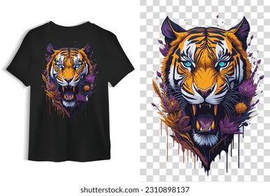 Tiger Head T-shirt Design, Tiger Illustration, Tiger Head Vector For T-shirt, T-shirt Artwork, Transparent Background, T-shirt mockup, Tiger with flower splash, Splash Art