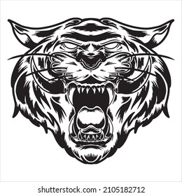 Tiger Head Vector Drawing, Tiger Face Outline Style, Tiger Head Colored Drawing, Animals Logo And Mascot, Fangs,Black White Vector Illustration