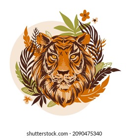 Ilustración vectorial de cabeza de tigre con flores tropicales exóticas, hojas, plantas y formas geométricas. Concepto de jungla de neón, clipart moderno.