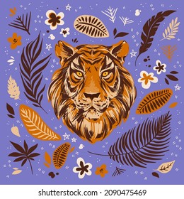 Ilustración vectorial de cabeza de tigre con flores tropicales exóticas, hojas y plantas. Clíparte de la selva moderna. Concepto chino de Año Nuevo, conjunto de elementos de diseño.