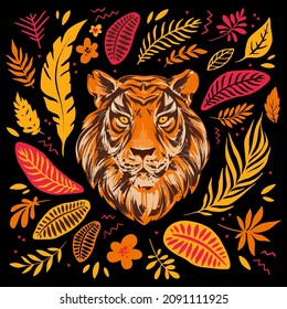 Tiger head vector illustration with exotic tropical florals, leafs and plants. Modern jungle clipart. Chinese New Year concept,set of design elements.