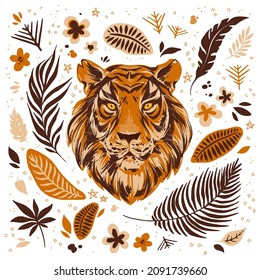 Ilustración vectorial de cabeza de tigre con flores tropicales exóticas, hojas y plantas. Clíparte de la selva moderna. Concepto chino de Año Nuevo, conjunto de elementos de diseño.