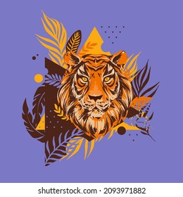 Tiger head vector illustration with exotic tropical florals, leafs, plants and geometric shapes. Neon jungle concept, modern clipart.