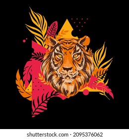 Tiger head vector illustration with exotic tropical florals, leafs, plants and geometric shapes. Neon jungle concept, modern clipart.