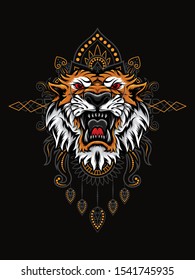 Tiger head vector illustration with mandala as the background ornament, suitable for apparel merchandise, t-shirt or outerwear.