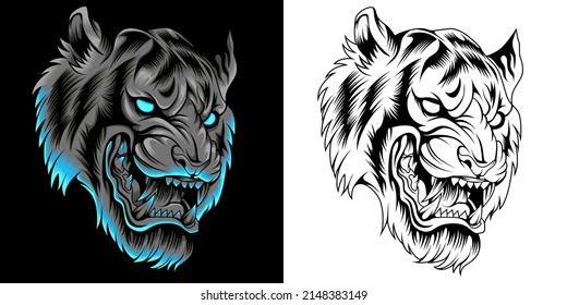 tiger head vector illustration in neon color style