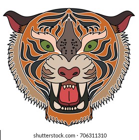 Tiger head vector isolate on white background.traditional tattoo tiger head.Cartoon tiger for coloring book or painting on shirt.