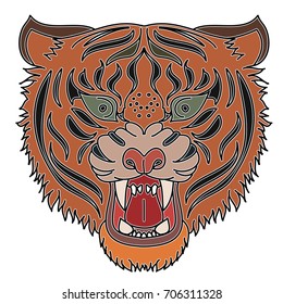 Tiger head vector isolate on white background.traditional tattoo tiger head.Cartoon tiger for coloring book or painting on shirt.