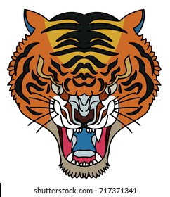 Tiger head vector isolate on white background.traditional tattoo tiger head.Traditional Japanese culture for printing on background.Tiger with Sunrise for coloring book
