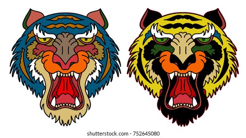 Tiger head vector isolate on white background.traditional tattoo tiger face.