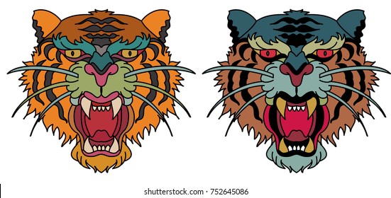 Tiger head vector isolate on white background.traditional tattoo tiger face.Japanese tiger illustration for printing on T-shirt.