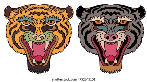 Tiger head vector isolate on white background.traditional tattoo tiger face.