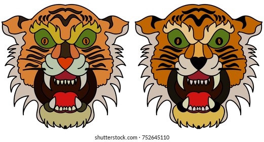 Tiger head vector isolate on white background.traditional tattoo tiger face.