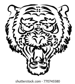 Tiger head vector isolate on white background.Line art and doodle tiger head
