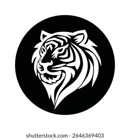 Tiger head vector logo in black circle background, featuring bold tribal line art, used in mascot design, tattoos, branding, and wildlife concepts.