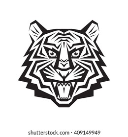 Tiger head - vector logo concept illustration in classic graphic style. Silhouette tattoo sign. Black & white. Jaws mouth grin shops. 