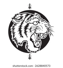 tiger head vector from the side and inverted cross accessory in black color on white background. suitable for icon, symbol or element design