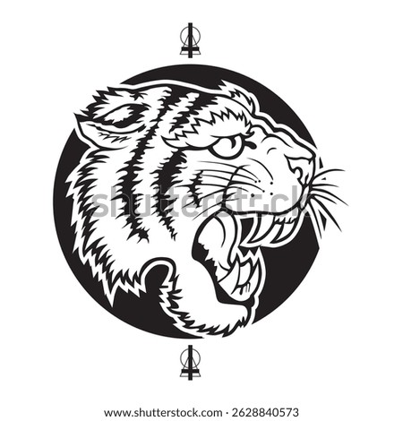 tiger head vector from the side and inverted cross accessory in black color on white background. suitable for icon, symbol or element design