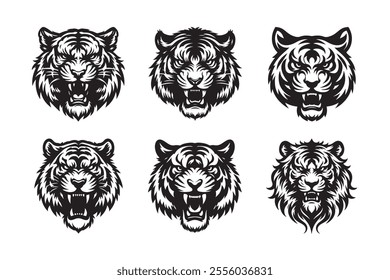 Tiger head vector silhouette art illustration bundle set