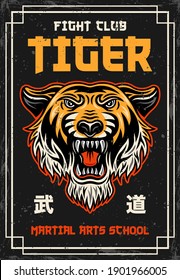 Tiger head vintage colored poster on japanese thematic for martial arts school. Vector decorative illustration with japanese hieroglyphs (mean budo - modern martial arts)