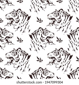 Tiger head, vintage vector seamless pattern, brushpen ink art, hand drawn graphic for textile design, wrapping paper texture
