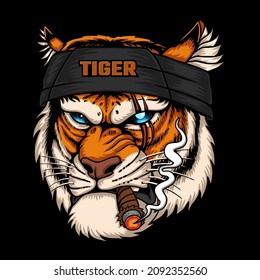 Tiger head wearing bandana while smoking vector illustration for your company or brand svg