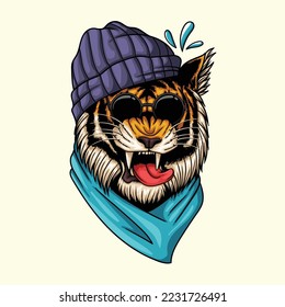 Tiger head wearing beanie and bandana vector illustration for your company or brand