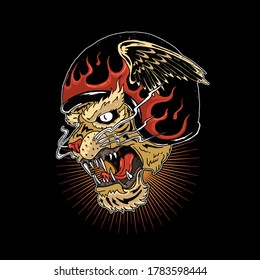 tiger head wearing helmet with flame illustration vector graphic