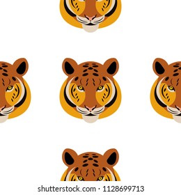 Tiger. Head, white background. Seamless pattern. Cartoon style