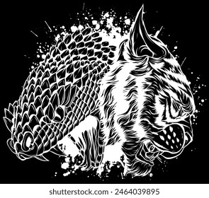 Tiger head in white line on black background