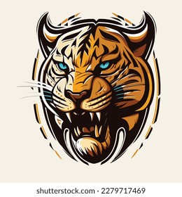 Tiger head or wild animal roaring muzzle for sport team mascot. Vector isolated flat icon of wildcat lion, leopard, or jaguar predator symbol for blazon, badge or hunting nature adventure club.