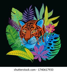 Tiger head wild cat in colorful jungle. Rainforest tropical leaves background drawing. Hand drawn vector character art illustration