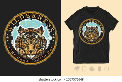 Tiger head. Wilderness, the great outdoors slogan. Print for t-shirts and another, trendy apparel design. Symbol of wisdom, force, soul 