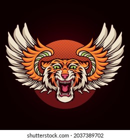 Tiger head with wings badge vector illustration