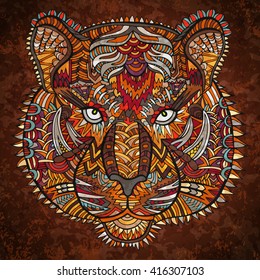 Tiger head zentangle artwork. Zentangle tiger. Animal zentangle illustration. Zoo and safari theme. Tiger eye. Wild life background. Ethnic boho ornament. Coloring book page. Wildcat vector.
