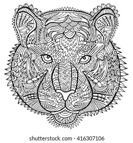 Tiger head zentangle artwork. Zentangle tiger. Animal zentangle illustration. Zoo and safari theme vector. Tiger eye. Wild life. Ethnic boho ornament. Coloring book page. Wildcat illustration.