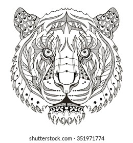 Tiger head zentangle stylized, vector, illustration, pattern, freehand pencil, hand drawn.