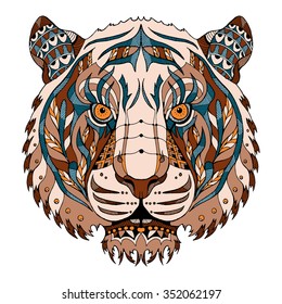 Tiger head zentangle stylized, vector, illustration, pattern, freehand pencil, hand drawn. Color.