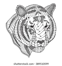 Tiger head zentangle stylized, vector, illustration, pattern, freehand pencil, hand drawn. Zen art. Line art.