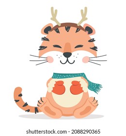 Tiger in headband with deer horns and mittens