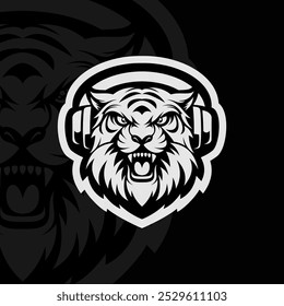 Tigre com fone de ouvido mascote animal esport personagem ilustração, preto branco